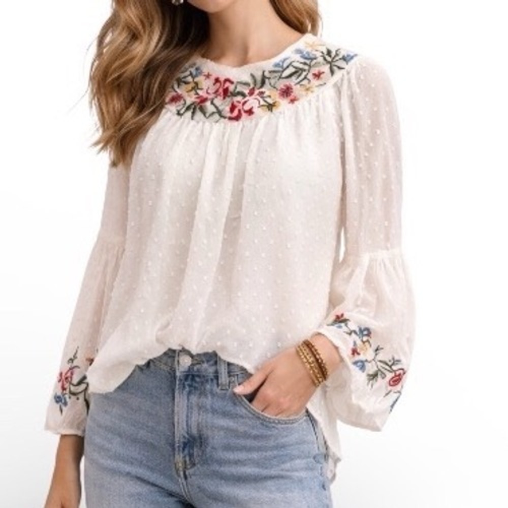 Brach Brach White Swiss Dot Floral Embroidered Bell‎ Sleeve Boho Blouse Large
